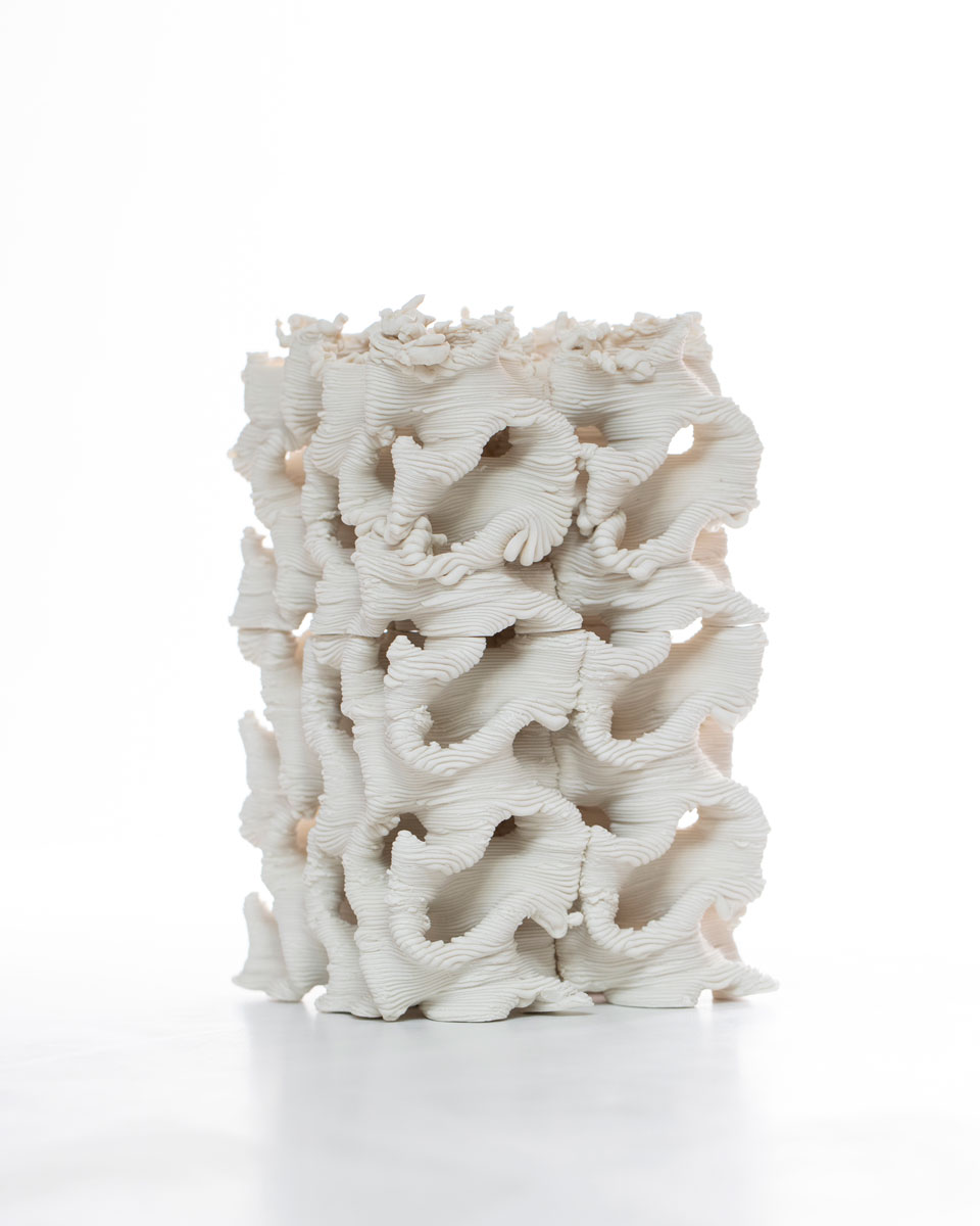 Timea Tihanyi. “Mystery. Solved. Mystery.” 2019. 3-D printed porcelain; modeled in Rhino and printed with a WASP40100 ceramic printer. 13 x 6 x 6 in. Photo by Mark Stone, University of Washington.