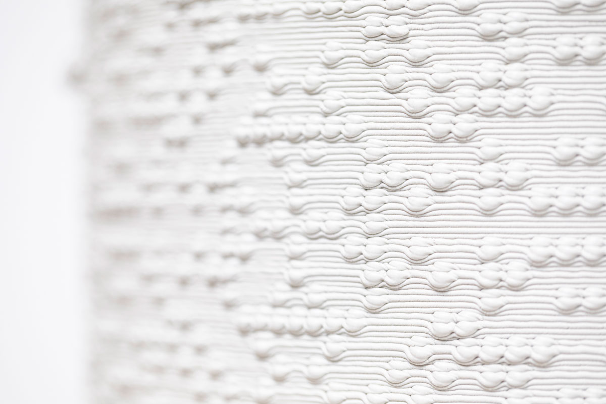 Timea Tihanyi. “Code Slip II,” 2019. Porcelain; mathematical algorithm-generated pattern, Rhino form-giving, printed on Potterbot7 ceramic 3D printer. 13 x 8 x 8 in. ea. Photo by Mark Stone, University of Washington.