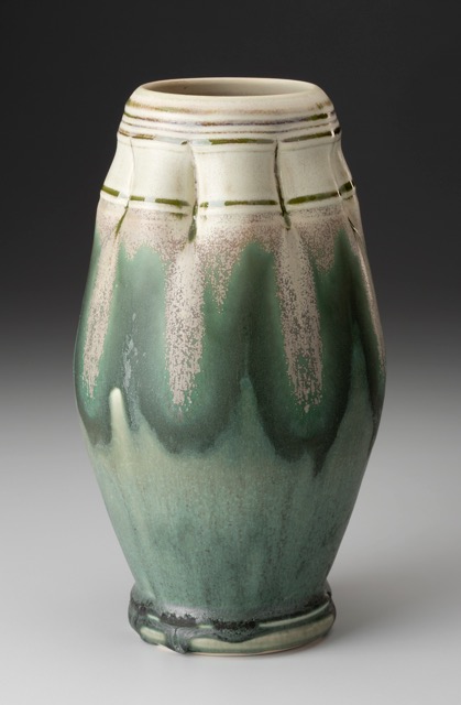 Aysha Peltz, Tall Green Vase, 2016. 13 x 5 in. Wheel-thrown and altered. Cone 10 oxidation.