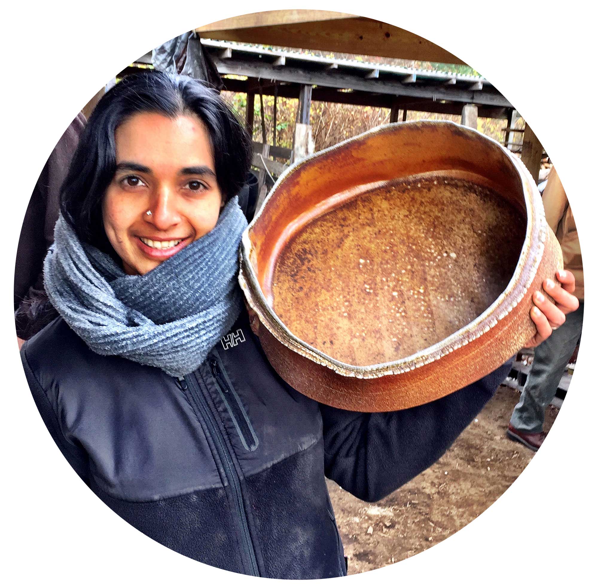 Bhat during the unloading of her work from Chris Gustin&#039;s kiln, South Dartmouth, Massachusetts. Photo by Hollis Engley, 2016.