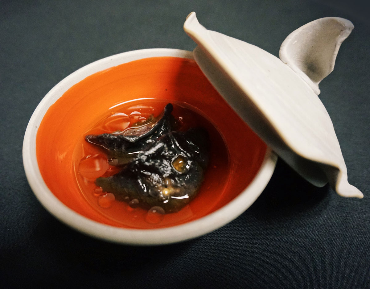 Leak ash dumplings in steamer pot by Tim Compton, 5 in. diameter, wheel-thrown, Cone 10 stoneware.