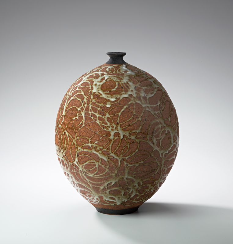 Vivika and Otto Heino. Vase, 1991. Stoneware with trailed white glaze, and black slip. 13.75 x 10.63 in.