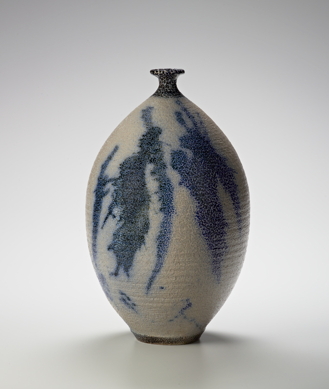 Otto Heino. Vase, 1990s. Salt-glazed porcelain with brushed cobalt. 15.63 x 9.5 in.