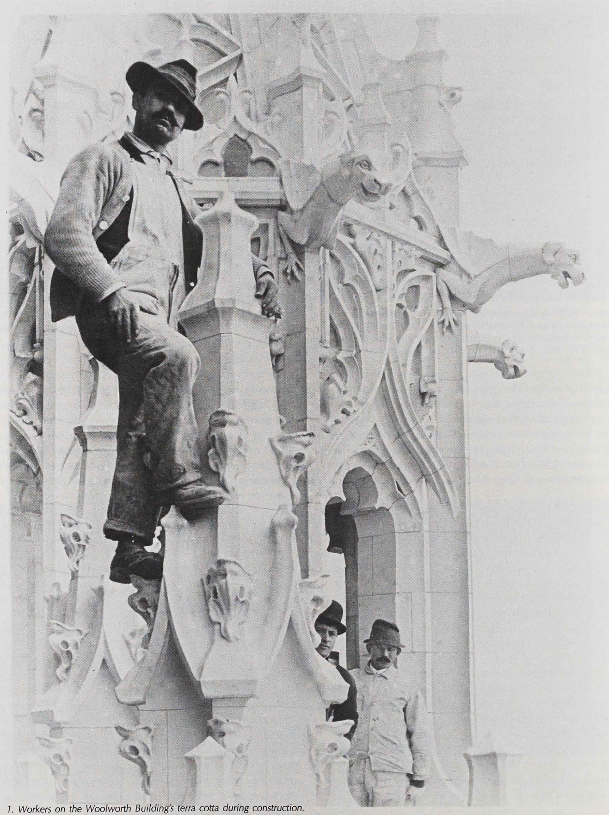 Workers on the Woolworth Building&#039;s terra cotta during construction, 1913.