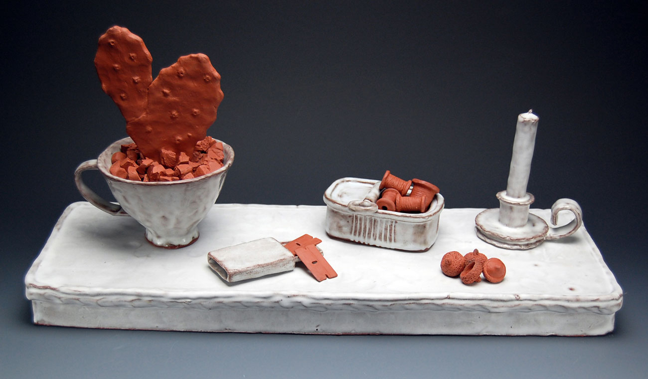 Window Sill Lives: Cactus Tea, 2015. Hand-built earthenware with terra sigillata and glaze, 6.5 x 20 x 5 in.