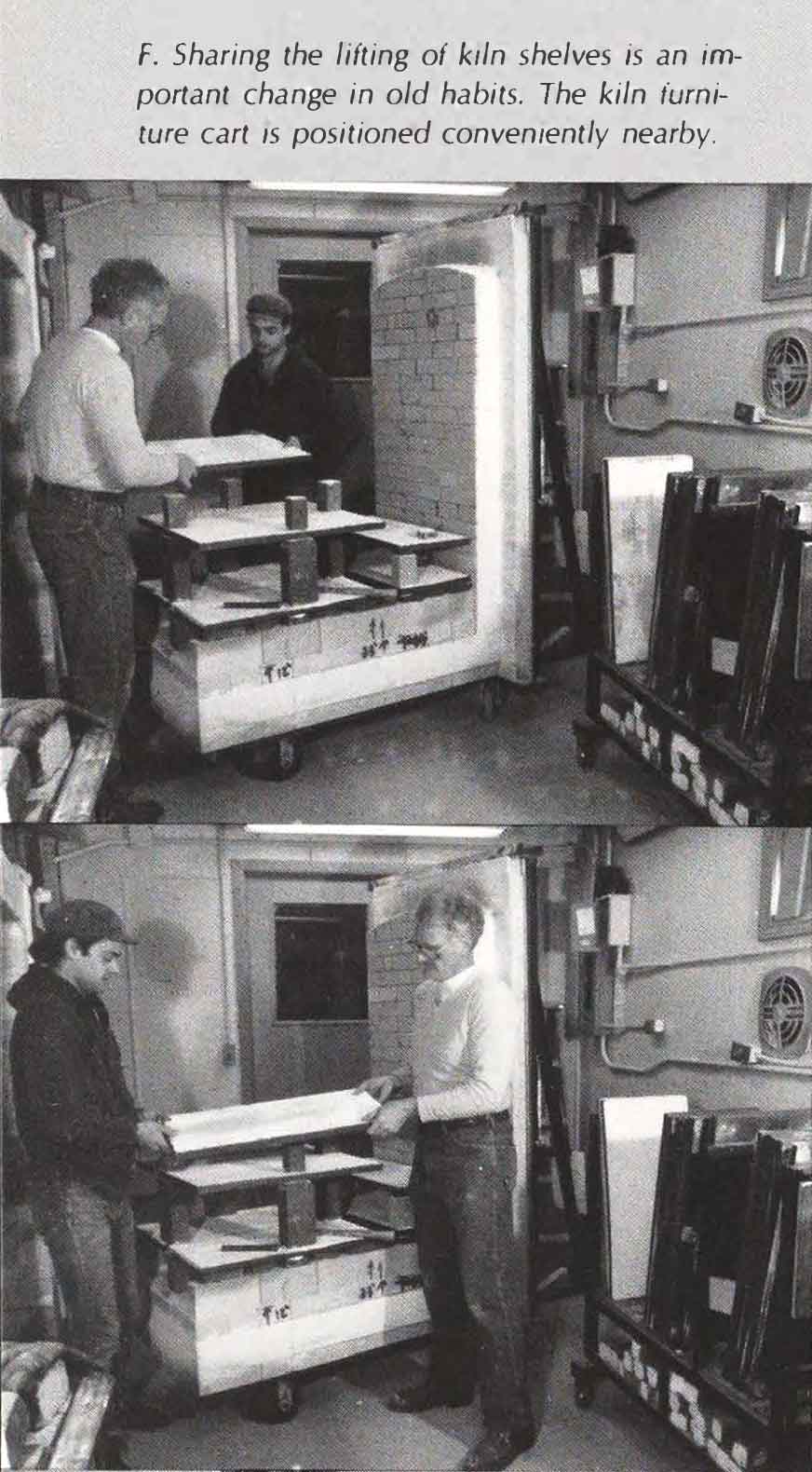 John and assistant properly loading shelves onto his car kiln.