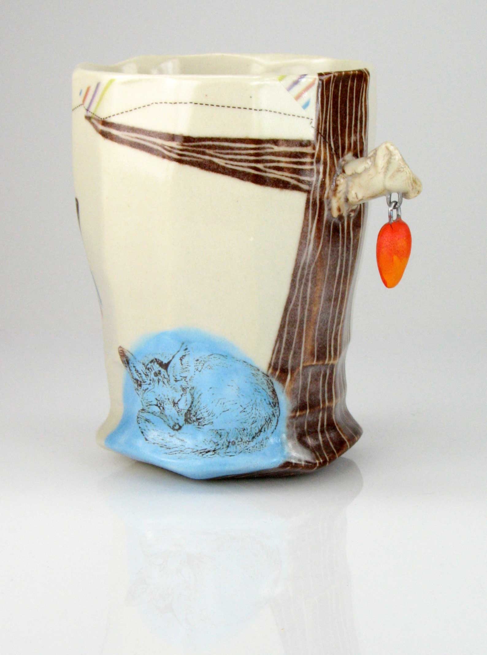 Wait!, 2015. Porcelain, decals, and wire, thrown and altered, fired to Cone 6, 03, and 014 in oxidation. 4.5 x 4 x 3.25 in.  Photograph by Grace Sheese.