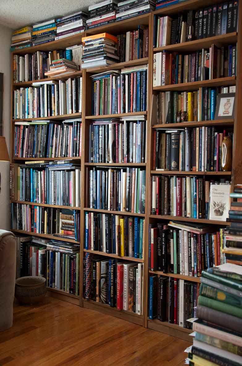 A few of the many, many shelve of pottery books in the author&#039;s home in Ashford, Connecticut. Photograph by Joseph Szalay, 2018.