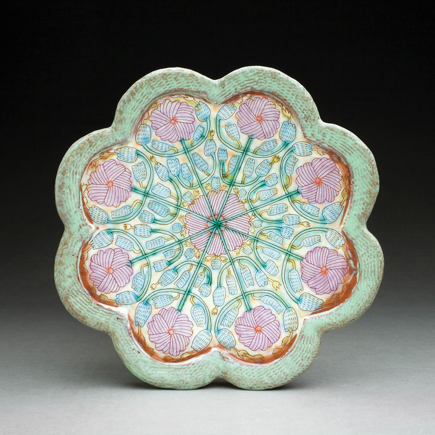 Shoko Teruyama. Flower Plate, 2017. Electric fired earthenware with sgraffito decoration. .5 x 9 x 9 in. Photograph courtesy of the artist. 