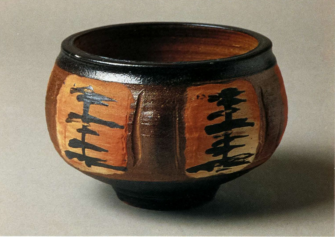 Large Bowl. Woodfired, Avery Slip and Black Slip Design, Wheel-thrown and Distorted. 9 1/2 in. x 12 in. 1993.