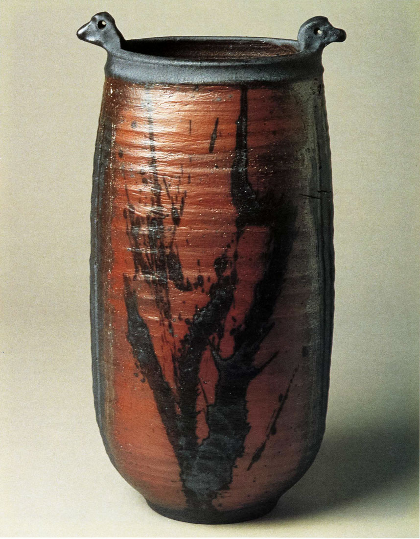 Woodfired Vase. Stoneware, Avery Slip, Brushed With Black Slip. 12 in. x 7 in. 1994.