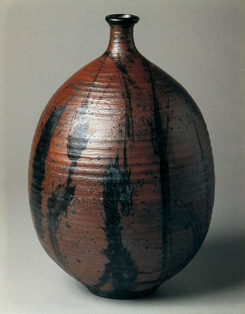 Woodfired Bottle. Stonewaree, Avery Slip Brushed With Black Slip. 15 in. x 9 in. 1993.