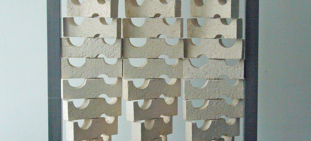 Susan Tunick and Christine Jetten. Twisted Bricks (detail) 2010. Extruded bricks on a steel frame, 90 x 27 x 2 in. Photograph by Christine Jetten.