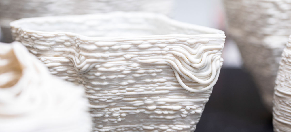 Timea Tihanyi. “Pathfinder” Series, 2019. Porcelain and glaze; tactile sound data, Python coding, ceramic 3D printing. 11 x 8.5 x 6.5 in. to 7 x 8.5 x 6.5 in. Photo by Mark Stone, University of Washington.