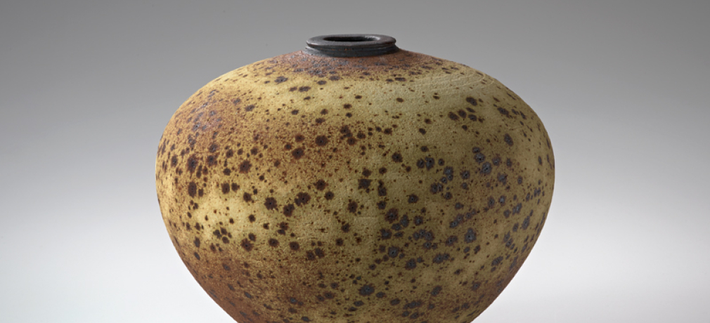 Vivika and Otto Heino. Vase, 1980s. Stoneware with Hawaiian black sand, apple-ash glaze, black slip. 8.25 x 10.25 in. 