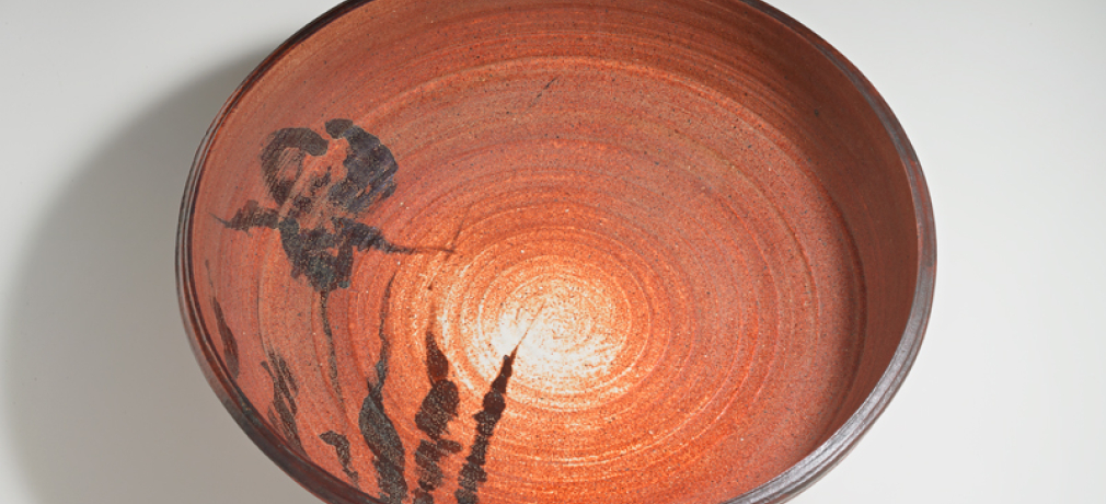 Vivika and Otto Heino. Bowl, 1980s. Wood-fired stoneware decorated by Vivika. The Heinos used this vessel as a punch bowl when they held their annual open studio sales. 6.38 x 24 in.