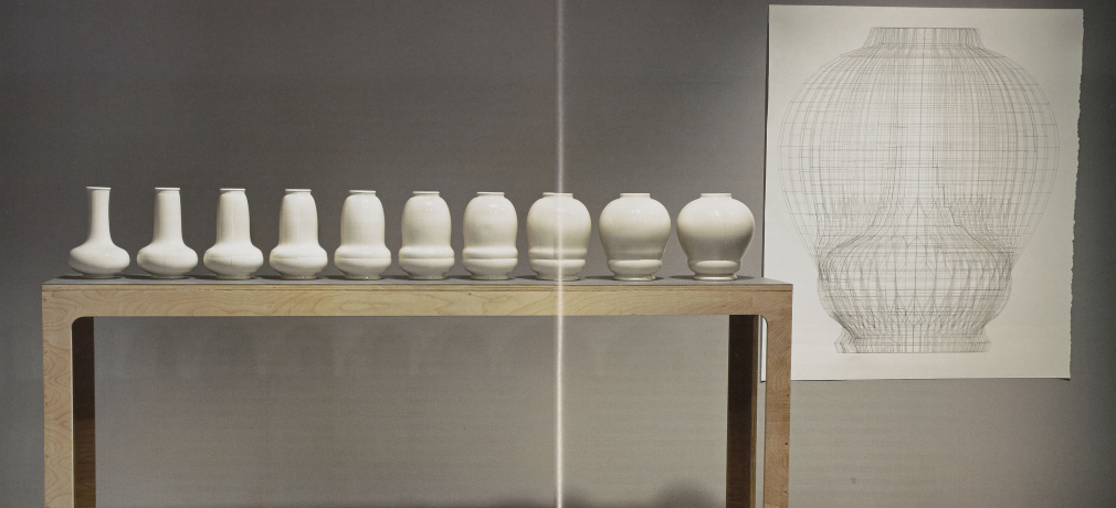 Del Harrow, Air_Breath, 2012. Slip cast porcelain, glaze, video, large drawing created using a graphite pencil attached to a CNC milling machine.