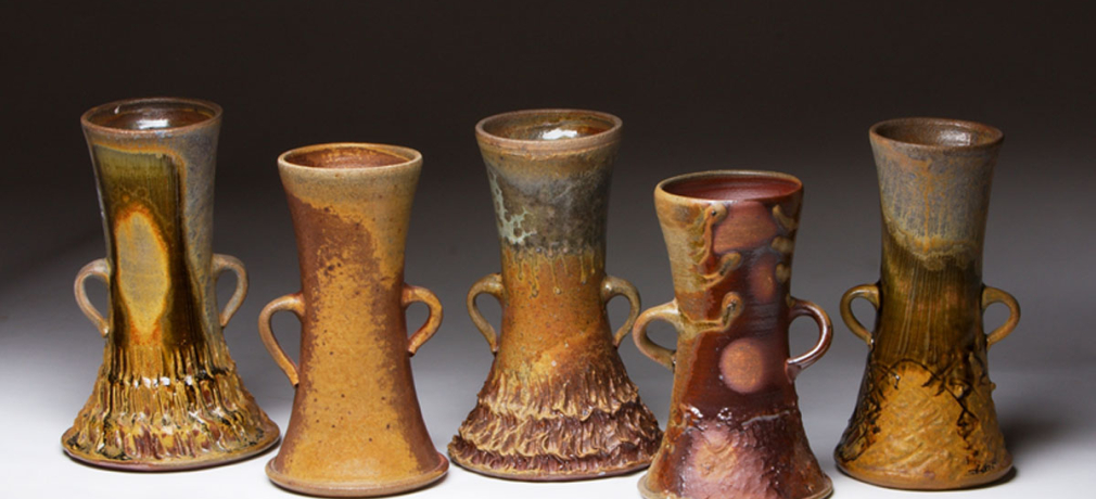 Vases by Corning Community College student Rob Sheldon from a 2008 anagama firing; 9x5x5 in. each. Photograph by artist. 