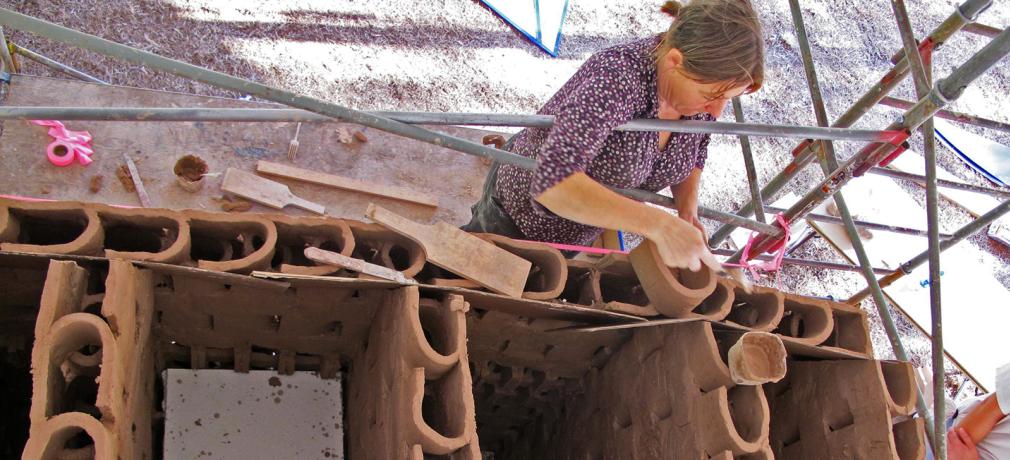 Hole constructs the foundation of her sculpture at the Cary Arts Center, Cary, North Carolina, 2012.
