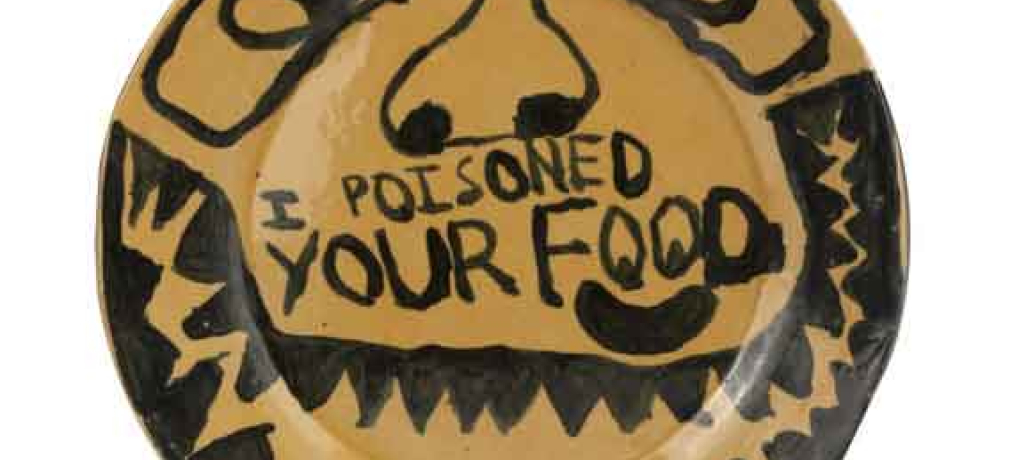 Ben Z., I Poisoned Your Food, 2013. Slab-built stoneware, underglazes and glazes electric fired to Cone 6, 1 x 9.5 x 9.5 in.