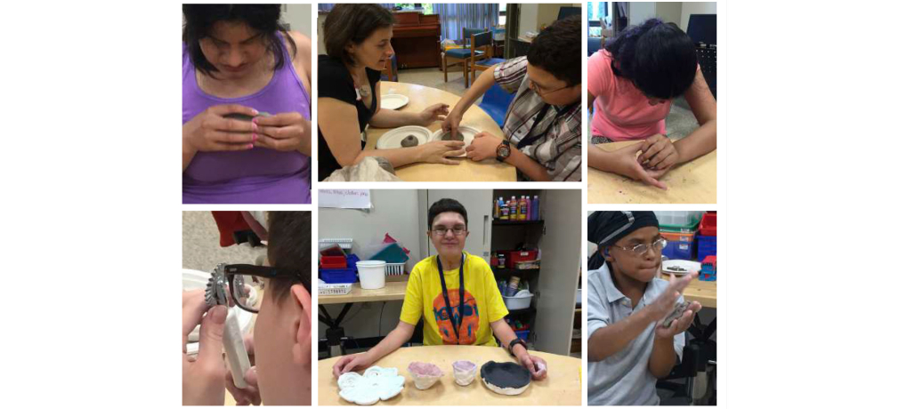 Students work with clay at the Perkins School for the Blind, Watertown, Massachusetts. Top, center: author Elizabeth Cohen (left) with a student.