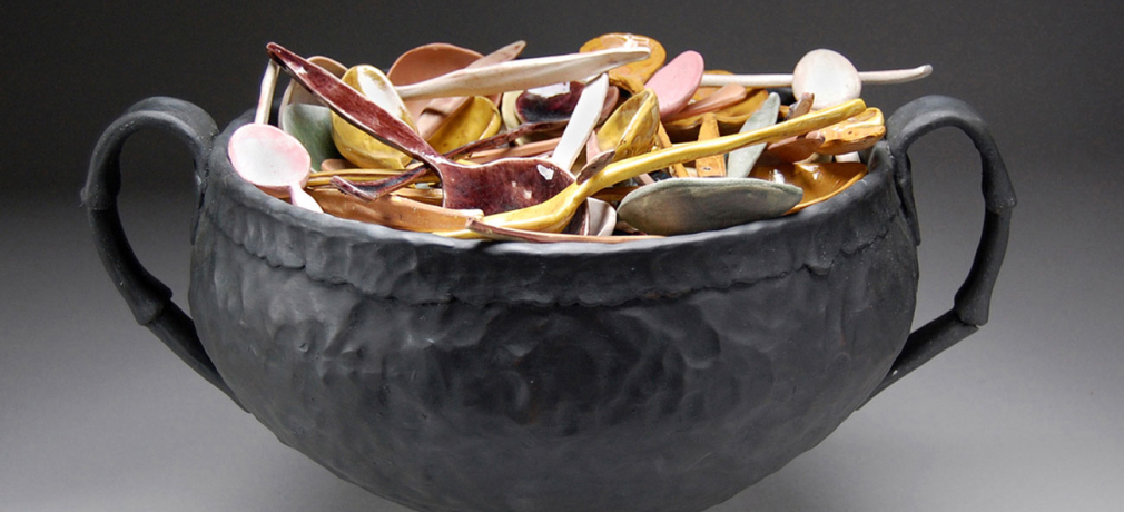 Stone Soup Spoon Theory, 2015. Hand-built earthenware with terra sigillata and glaze, 10 x 16 x 12 in.
