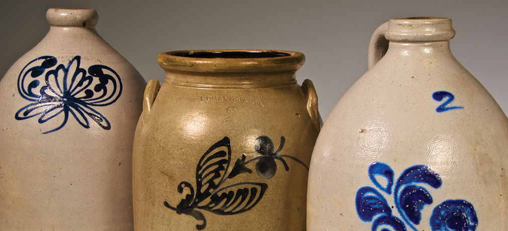 Edmunds & Co., Salt glazed stoneware jugs and jar with cobalt slip-tailed decoration. 14 x 8 in. (jugs), 13 x 8 in. (jar). Photo by Joseph Szalay.