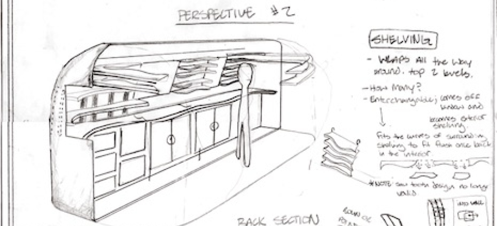 Student Notes for the interior design of the Artstream 2.0. Shawn Schuler, 2014.