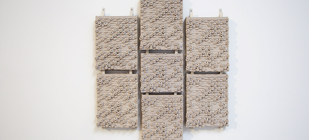 Ronald Rael, Virginia San Fratello, Kent Wilson, Alex Schofield. GCODE.Clay, 2016. Prototypes for ceramic cladding systems for building; each assembly is hung using custom, 3-D printed hardware.