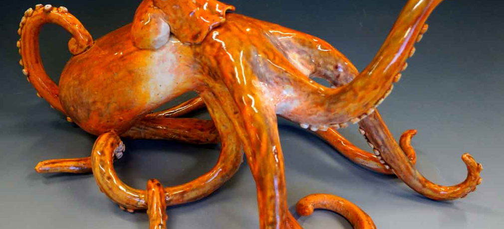 Katarina Breffeilh, Bridgewater-Raritan High School, Bridgewater, New Jersey. Octopus Teapot, 2013. 17x11x10 in. Hand built with underglaze and glaze; fired to Cone 06 in oxidation. Winner of three awards, 16th Annual National K-12 Ceramics Exhibition.