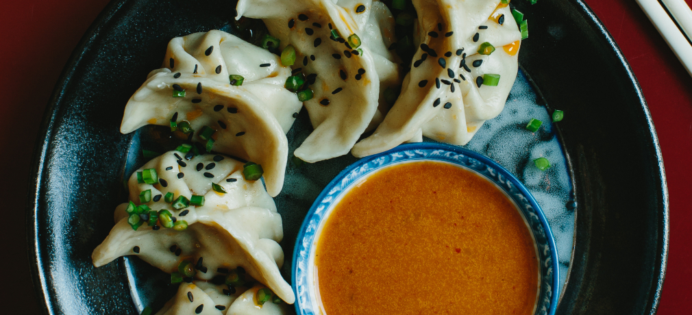Bowl by Caitlynn Lancaster with dumplings and dipping sauce. Photograph by Andrew Thomas Lee, 2015.