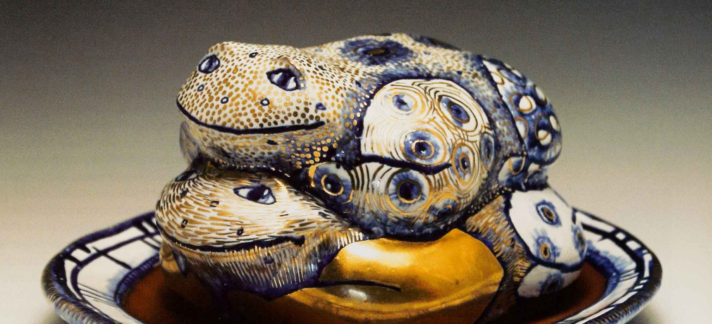 Frog Butter Dish, 2008. Terracotta, maiolica, luster, glass enamels.