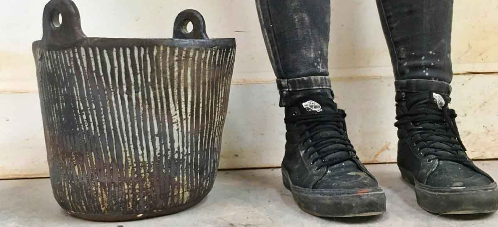 Melissa Weiss, Bucket with Pinstripes, 2017. 18x12 in. Coil-built. Wild clay custom stoneware body, slip, ash glaze, iron wash; fired to Cone 10  in gas-reduction and reduction-cooled. 