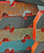Susan Tunick and Christine Jetten. Threaded Bricks (detail) 2014. Extruded, glazed bricks on a steel frame, 90 x 39 x 2 in. Photograph by author.