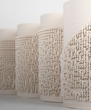 Timea Tihanyi. “Burst and Follow” Series, 2018. Porcelain with mathematical algorithm-generated pattern using Rhino form-giving and printed on Potterbot7 3-D printer. 13 x 8 x 8 in. ea. Photo by Tihanyi.