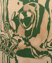 Christa Assad, Razzle Dazzle Plywood: Green Gas Mask, 2015. Acrylic on plywood, 24 x 24 in.