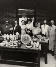 Left to Right: Frederick Hurten Rhead, Samuel Robineau, Edward Lewis, Adelaide Robineau, Mabel Lewis, Eugine Labarriere, George Julian Zolnay, Emile Diffloth, and Taxile Doat. Photo courtesy University City Public Library.