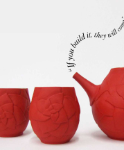 Haley Martin, Northridge High School, Layton, Utah. Red Teapot Set, 2018. 6.5x17x5.5 in. Wheel-thrown, altered, carved, layered underglaze. Winner of three awards at the 21st Annual National K-12 Ceramics Exhibition, Pittsburgh, Pennsylvania.