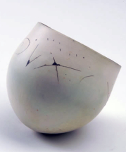 Elspeth Owen. Primitive markings, 1984. Pinch pot, sgraffito surface, approx. 5 x 5.5 x 5.5 in. Aberystwyth University Ceramic Collection and Archive.
