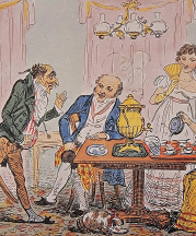 An 1825 cartoon shows a Frenchman who is offered a 13th cup of tea by a hostess due to the guest not being aware of the English tea etiquette (a teaspoon shall be left in a cup indicating "no more") Source Jane Pettigrew (2001). A Social History of Tea.