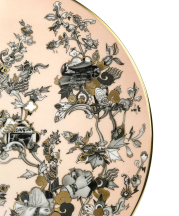 Yu Jiaqi, Through the Looking Glass; serving platter detail, 2017. Bone china, slipcast, overglaze decals, gold luster decals, hand painted overglaze and gold luster, 1 x 12.5 x 12.5 in. Photograph by Nick Geankoplis.