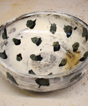 Serving bowl, wood fired with colored slips and transparent glaze, 2019. Photo by Madalyn Wofford. 
