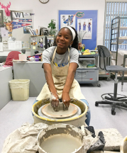 Keyontee Patterson learns wheel throwing in the Ceramics 1 class at Gainsville High School, 2018. All photographs by author.