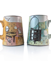 Cat in the Pottery Studio Mugs. Stoneware, underglazes, glazes, and lusters. Fired to cone 5 and 019 electric oxidation. 2020. Photo Credit: Renee LoPresti