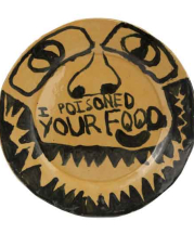 Ben Z., I Poisoned Your Food, 2013. Slab-built stoneware, underglazes and glazes electric fired to Cone 6, 1 x 9.5 x 9.5 in.