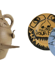 Left: Collaborative Face Jug by McCarthy and his student, Ben Z. Right: Plates by Ben Z. 