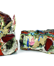 Jonathan Mess. Reclaim No. 26: Eastern and Western Cross Sections, 2015. Various reclaimed ceramic materials, solid cast and cut. 5.5 x 10 x 6 in. (left), 5.5 x 11 x 4.5 in. (right). Photo by Kate Mess.