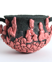 Nathan Mullis, “Untitled,” 6.29″x9.57″, Potclays, David Wright hand-building clay with a molochite/Grogged black vitreous slip with pink crawl glaze