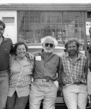 Ruth Rippon with Stephen Kaltenbach, Robert Arneson, Peter VandenBerge, and Gerald Walburg in downtown Sacramento, 1987. Photo courtesy of Michael Hough.