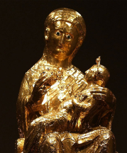 Medieval statue, Golden Madonna of Essen, c. 980 C.E. 29 inches tall. Wood, gold leaf, cloisonné enamel.